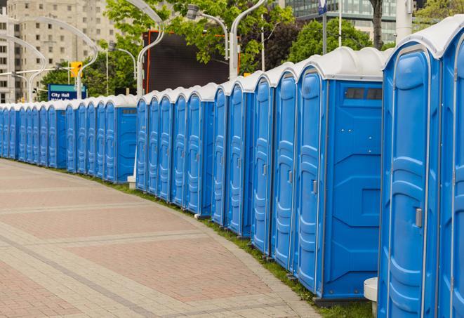 portable restrooms lined up at a marathon, ensuring runners can take a much-needed bathroom break in Leicester MA